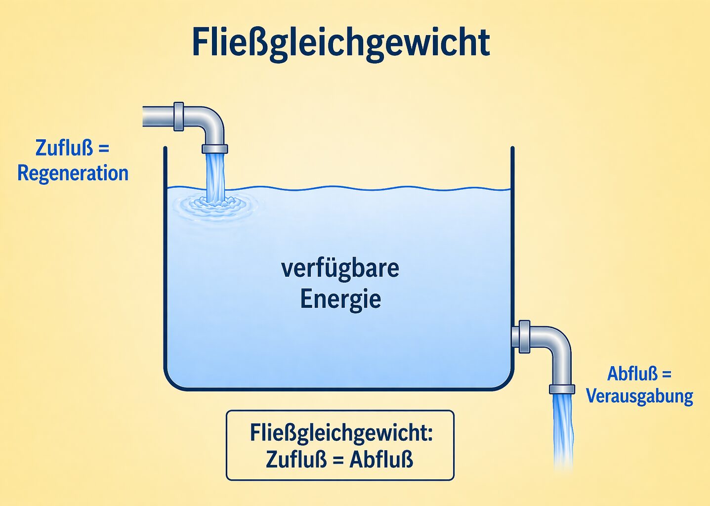 Schematisiertes Fliessgleichgewicht: Der Flüssigkeitsstand in einem Gefäß symbolisiert die verfügbare Energie eines Menschen. Solange der Zufluß=Regeneration und der Abfluß=Aktivität / Verausgabung gleich hoch sind, ändert sich die verfügbare Energie des Menschen nicht. Wenn aber der Abfluß=Verausgabung größer ist als der Zufluß=Regeneration, versiegt die verfügbare Energie vollständig, es droht ein Burnout.