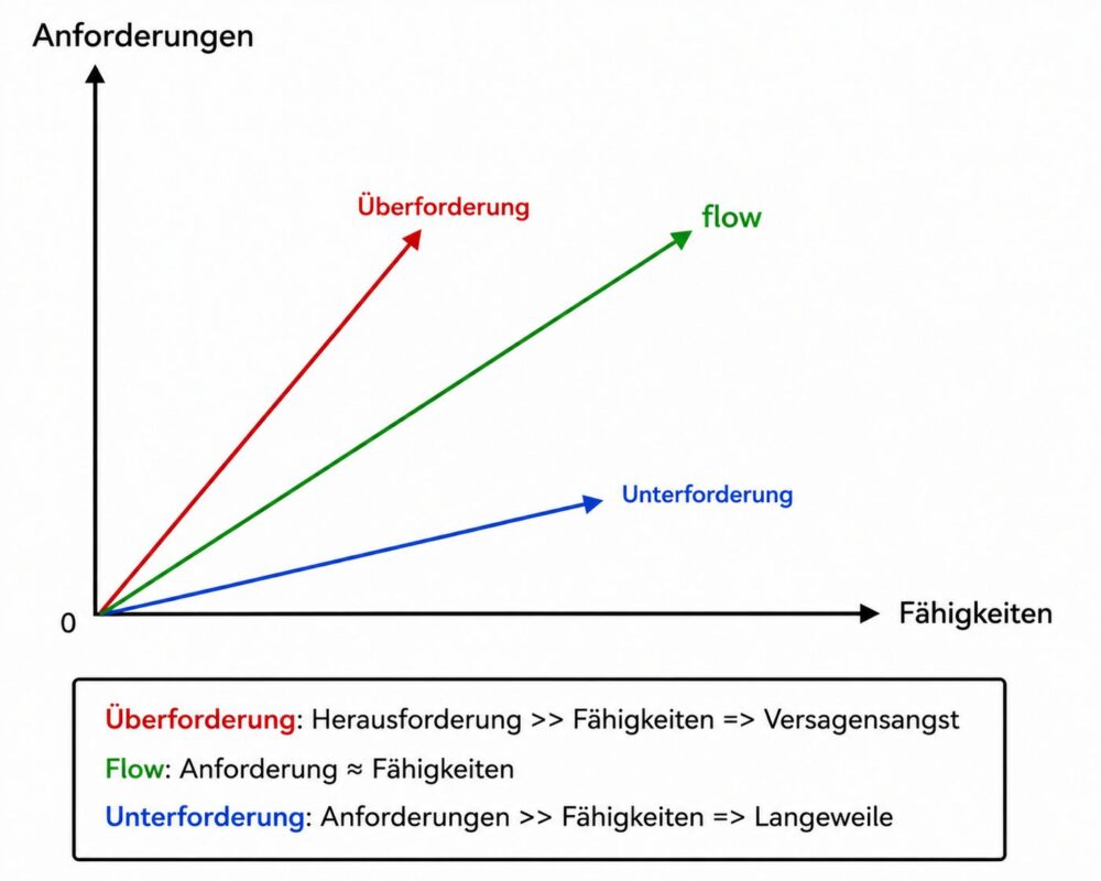 Stress entsteht, wenn die Anforderungen deutliche höher sind, als die Fähigkeiten, sie zu erfüllen. Das Diagramm, dass Stress erklären soll besteht aus einem Koordinatensystem mit den Achsen "Anforderung" und "Fähigkeiten". Wenn die Anforderungen deutlich höher als die Fähigkeiten sind, diese zu erfüllen, entsteht Überforderung, die Ursache für Stress bzw. Disstress. Wenn jedoch die Anforderungen in etwa gleich hoch sind, wie die Fähigkeiten kann es zum flow oder Eustress kommen.